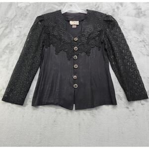 Vintage 80s Asriel USA Top Womens Size S Black Crochet Lace Puff Sleeve Buttons